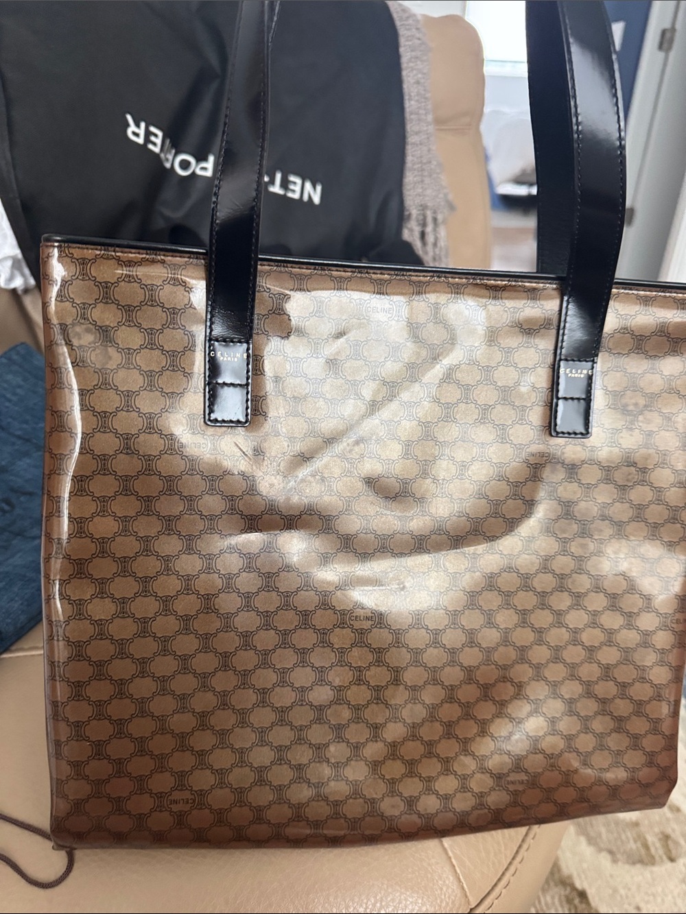 Celine Brown Patterned Tote vinyl with Black Handles